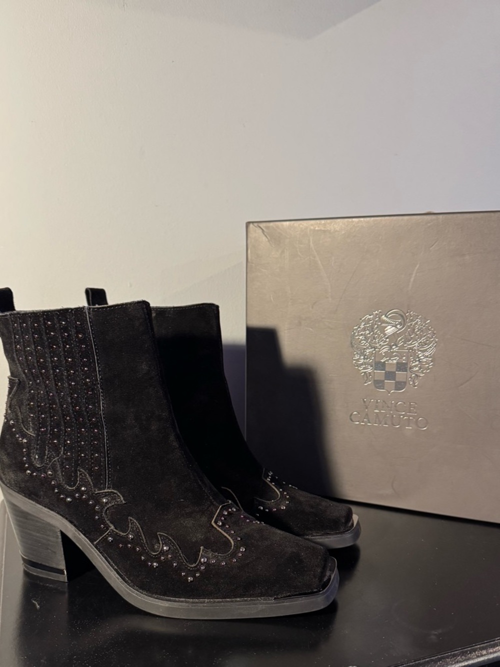 Vince Camuto Black Suede Studded Block Heel Ankle Boots